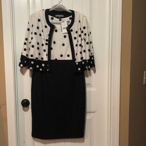 Danny and Nicole 2pc jacket and dress set; black and ivory with polka dots; 14P
